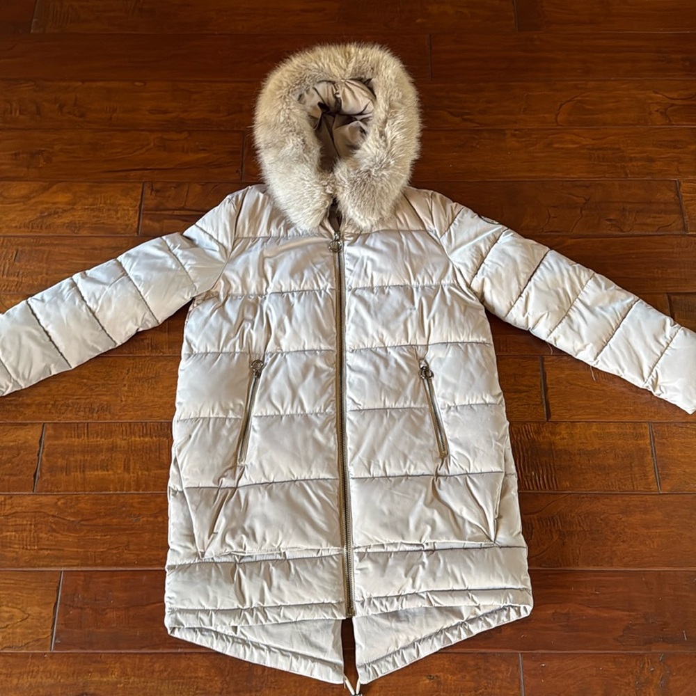 DKNY Donna Karen Puffer Coat Taupe Warm Fur Hood Medium